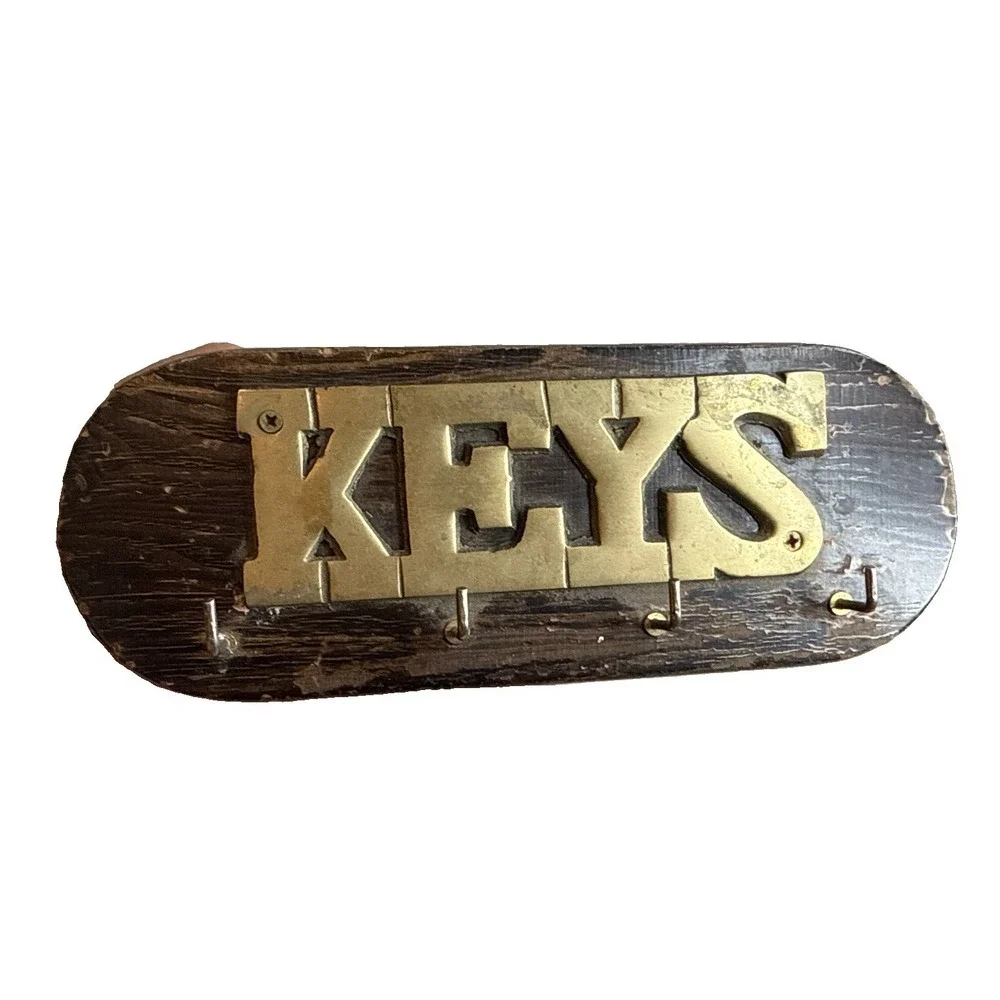 Vintage Wooden Brass Hook Wall Key Organizer 4 Brass Hooks MCM Rustic  Primitive